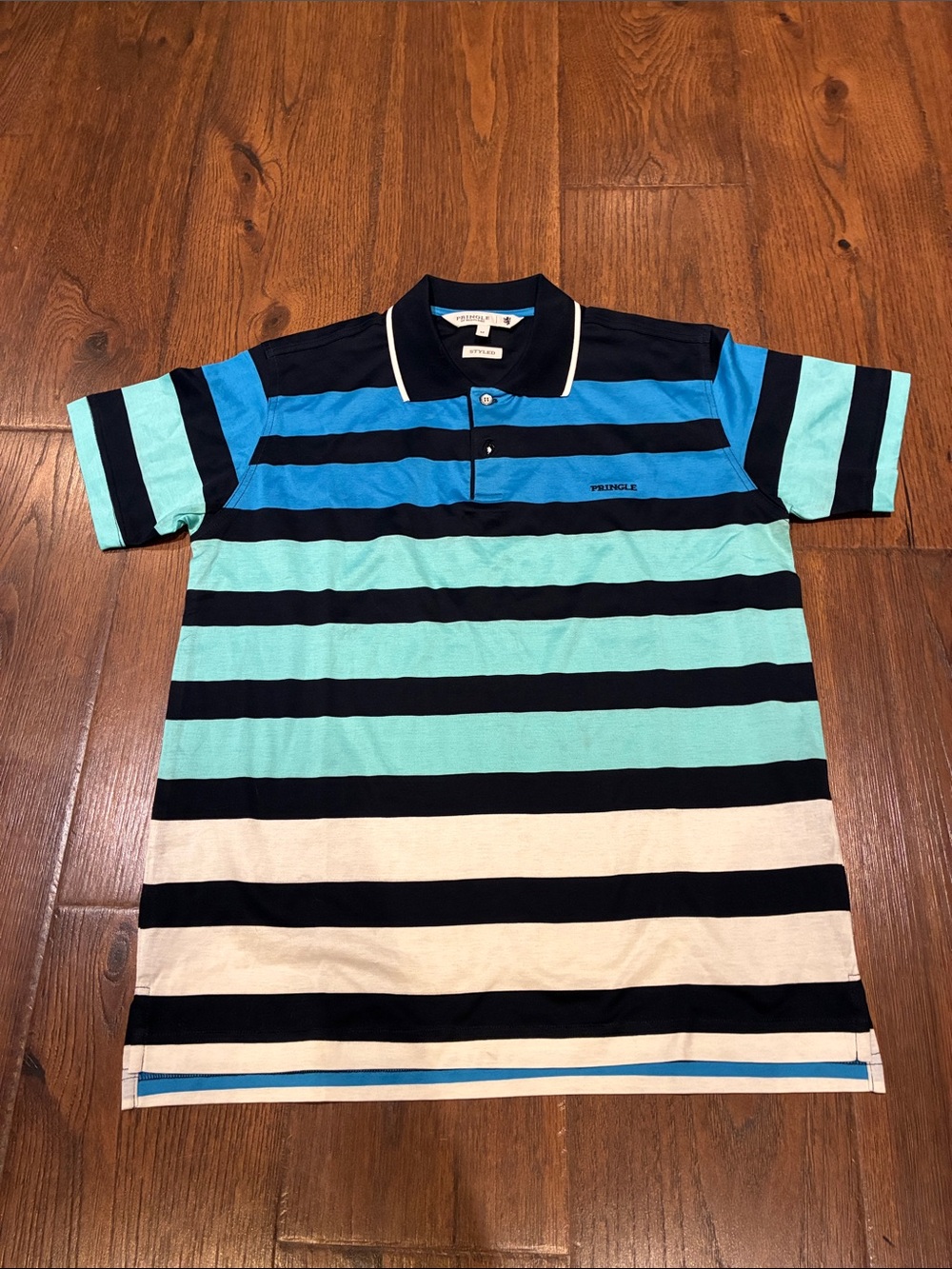 Pringle Horizontal Stripe Polo in Black, Blue, Teal & Cream